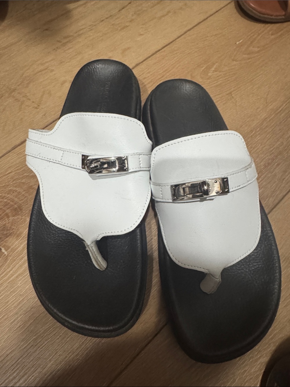 White Leather Slide Sandals with Silver Accent